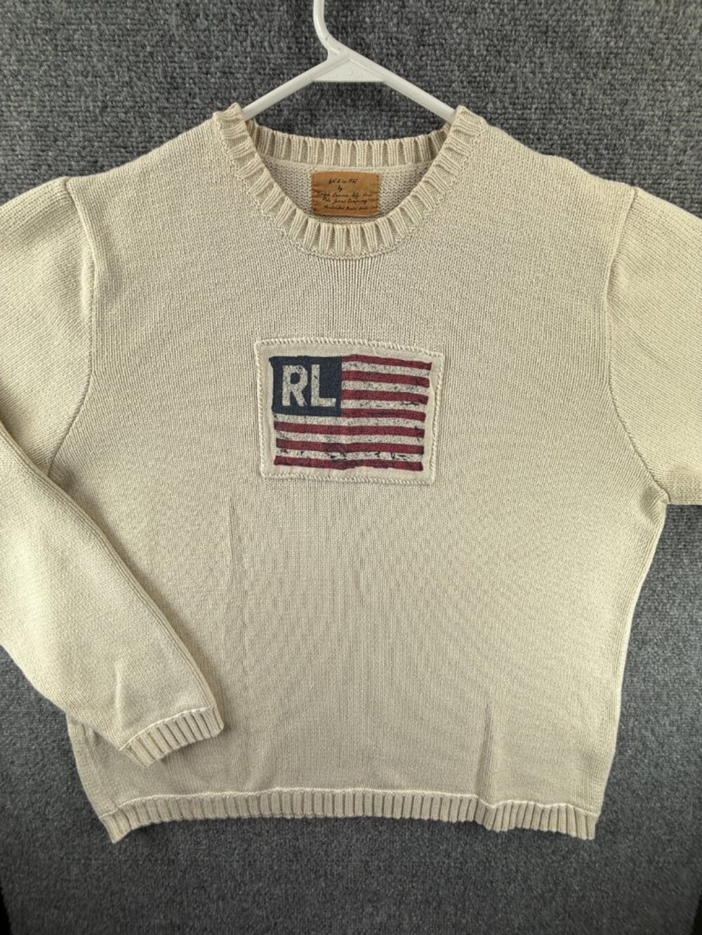 Ralph Lauren Flag Sweater USA Men Ivory Pullover Knit XL Cotton Crew Neck Logo